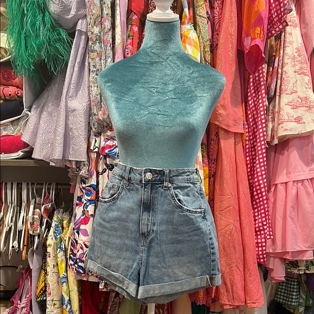 Blue High Waist Denim Shorts with Frayed Hem